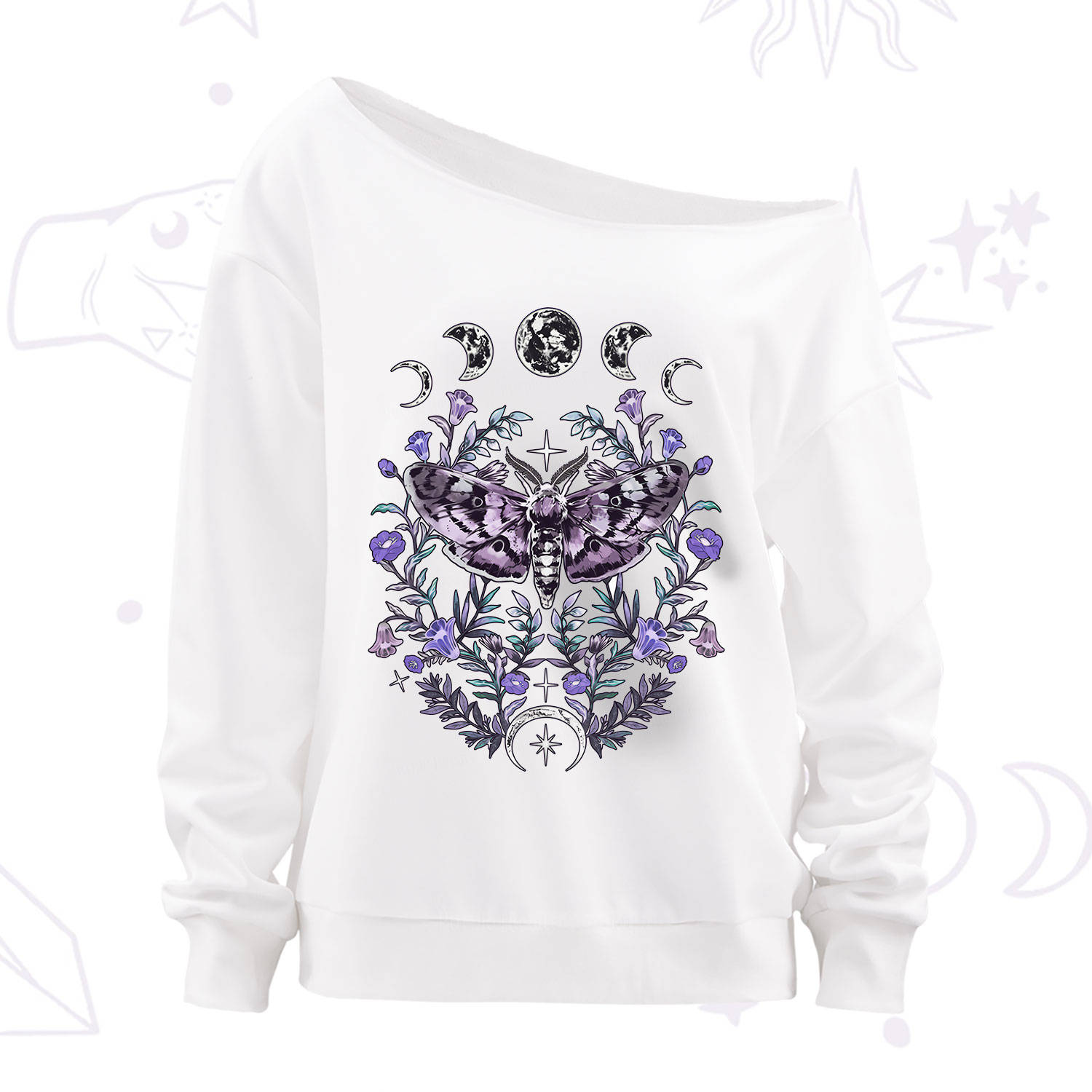 Purplehecate Gothic Mysterious Moth with Moon Off The Shoulder Sweatshirt