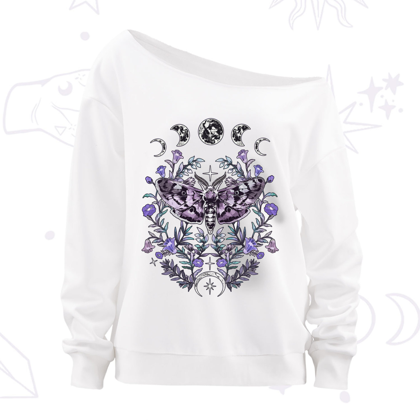 Purplehecate Gothic Mysterious Moth with Moon Off The Shoulder Sweatshirt