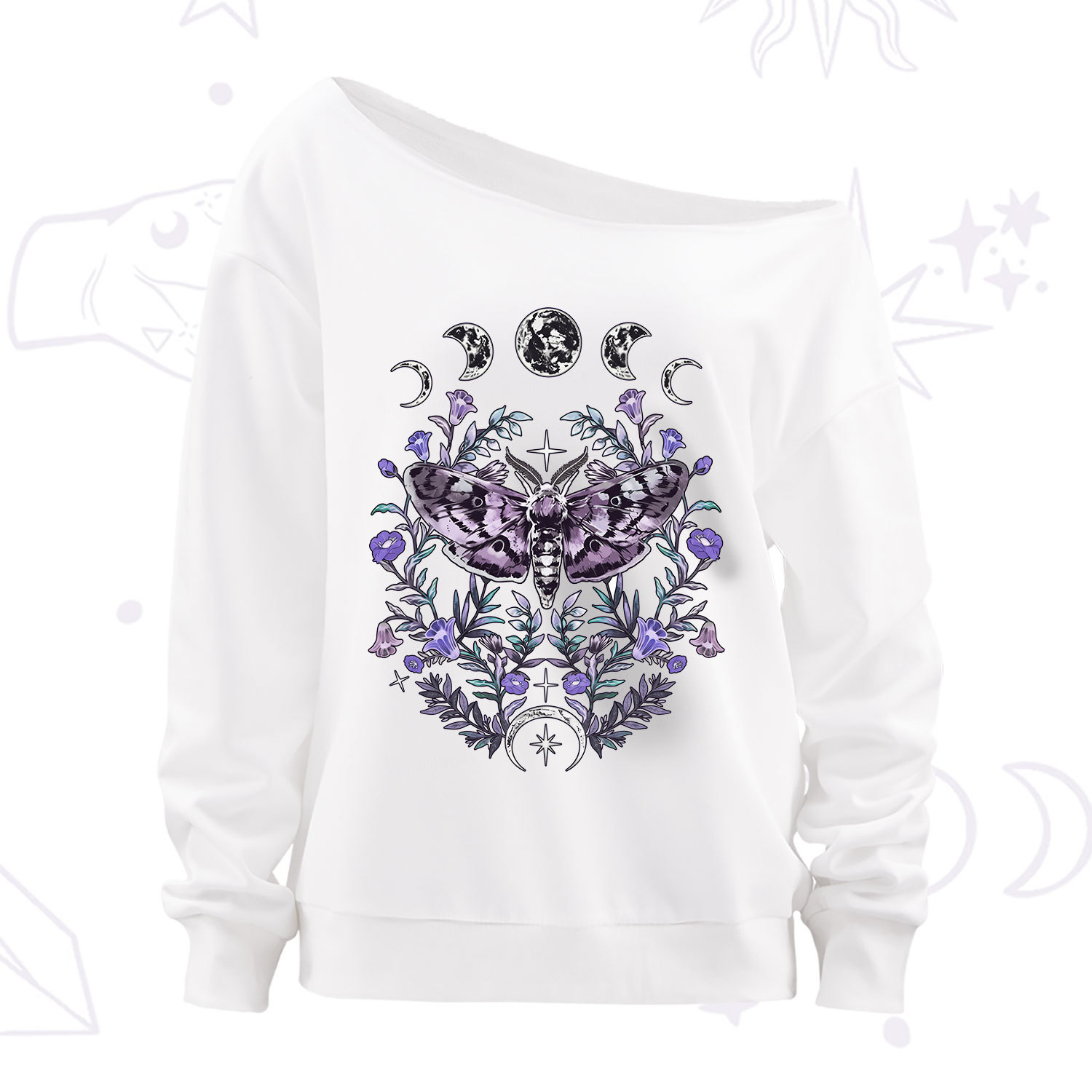 Purplehecate Gothic Mysterious Moth with Moon Off The Shoulder Sweatshirt