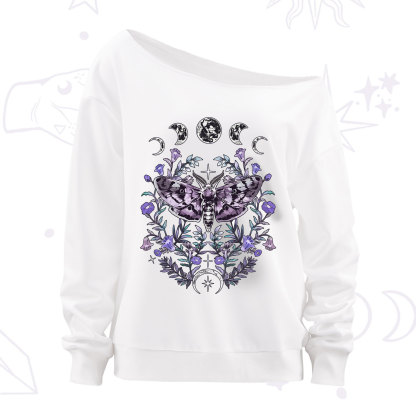 Purplehecate Gothic Mysterious Moth with Moon Off The Shoulder Sweatshirt