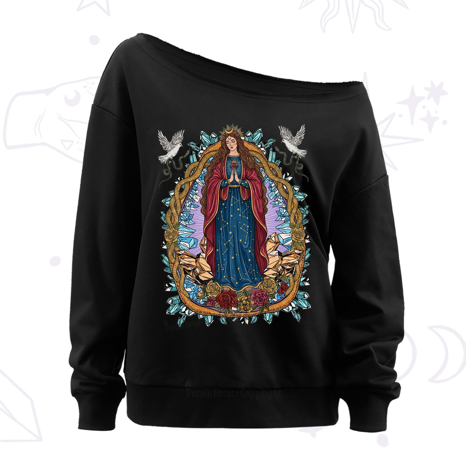 Purplehecate Crystal Rose Madonna Off The Shoulder Sweatshirt