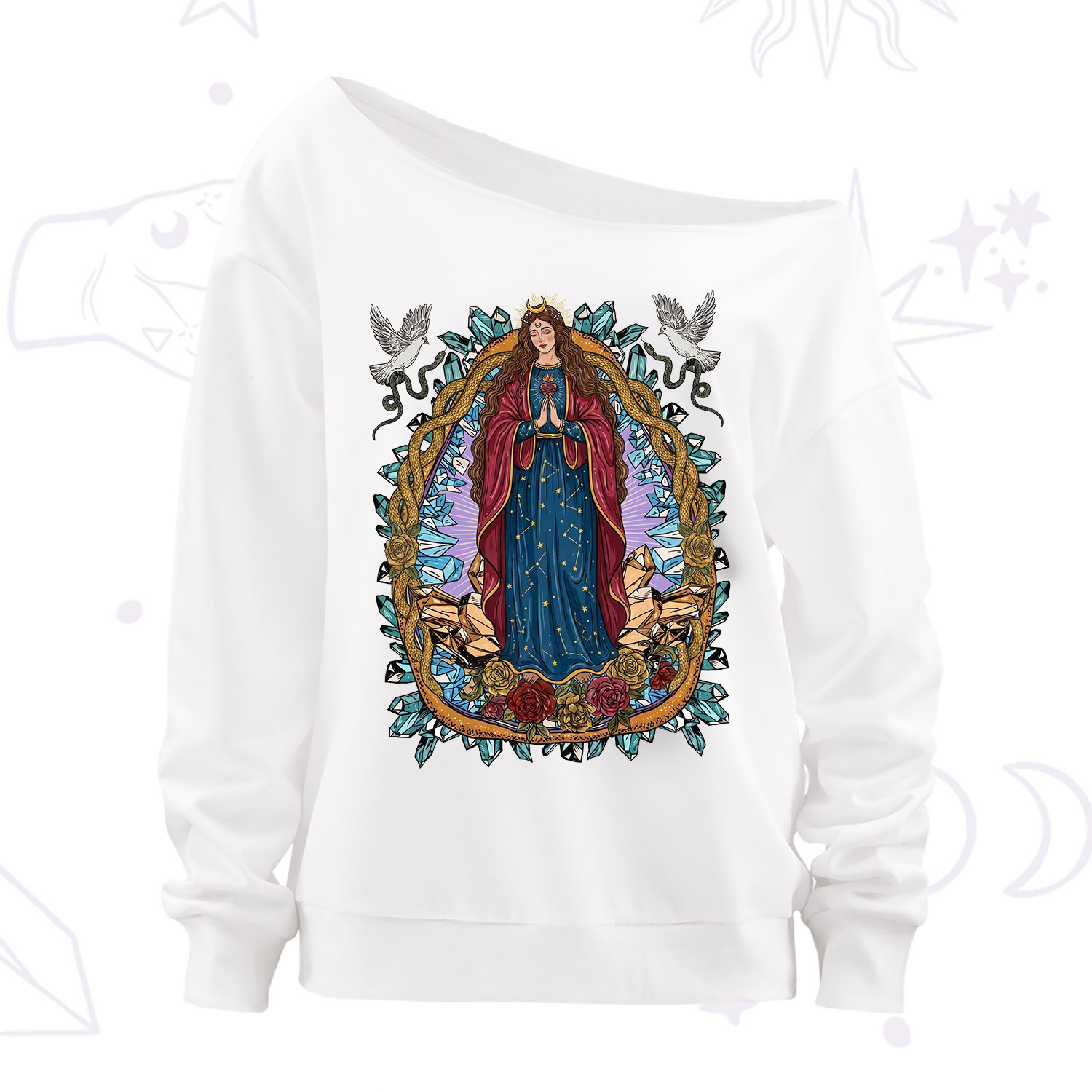 Purplehecate Crystal Rose Madonna Off The Shoulder Sweatshirt