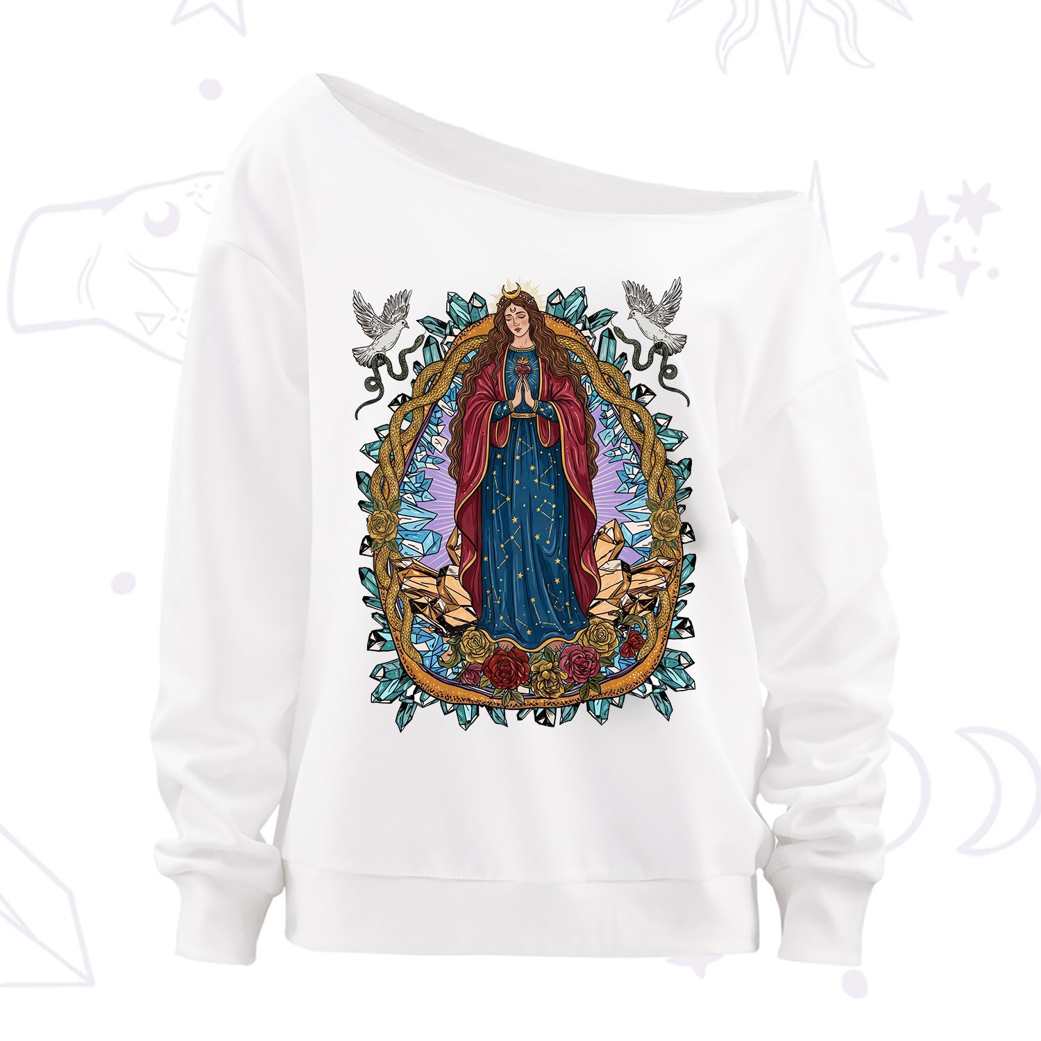 Purplehecate Crystal Rose Madonna Off The Shoulder Sweatshirt