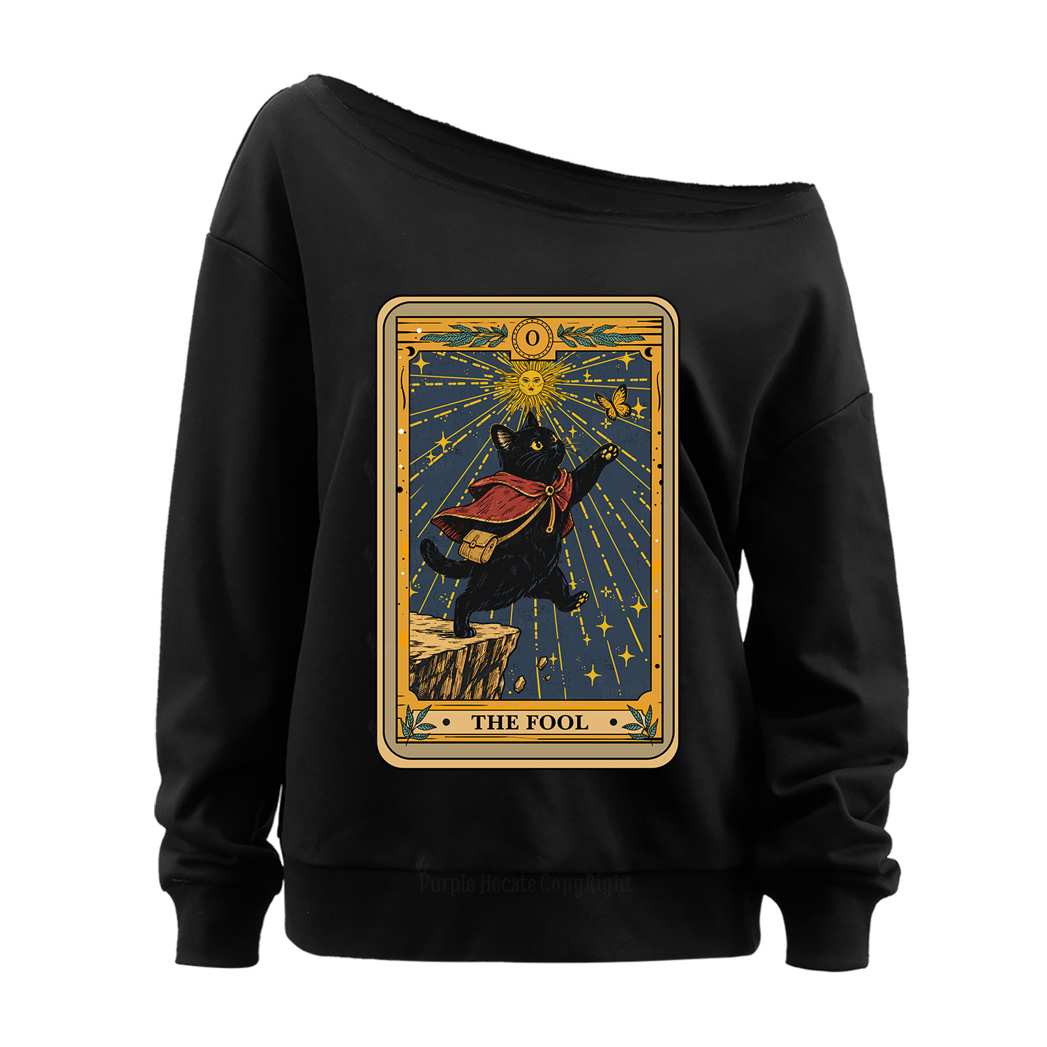 Purplehecate The Black Cat Fool Tarot Off The Shoulder Sweatshirt