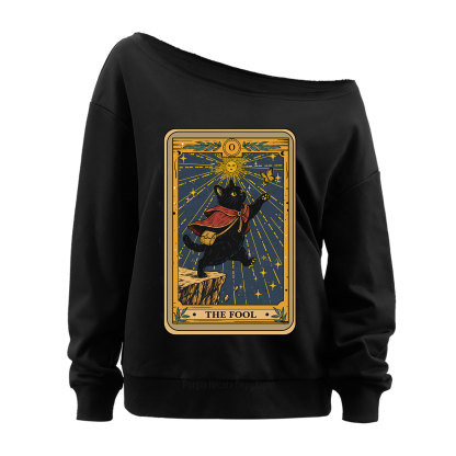 Purplehecate The Black Cat Fool Tarot Off The Shoulder Sweatshirt
