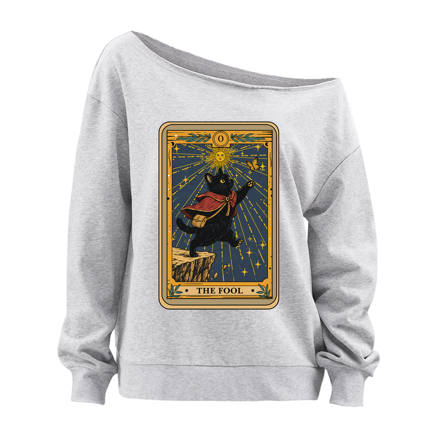 Purplehecate The Black Cat Fool Tarot Off The Shoulder Sweatshirt