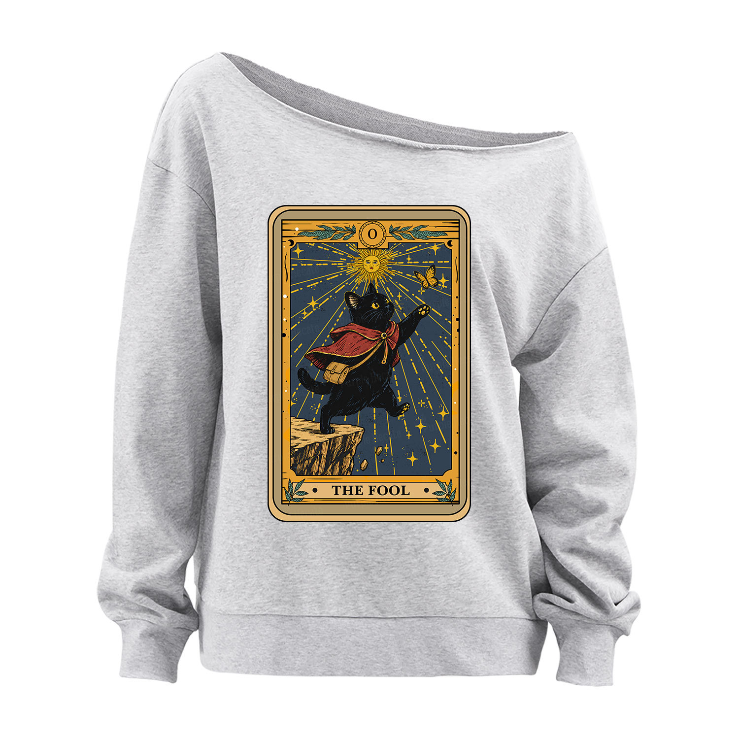 Purplehecate The Black Cat Fool Tarot Off The Shoulder Sweatshirt