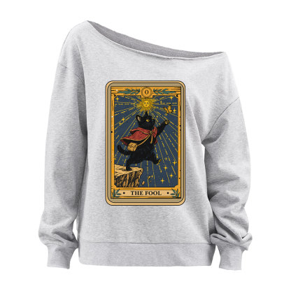 Purplehecate The Black Cat Fool Tarot Off The Shoulder Sweatshirt