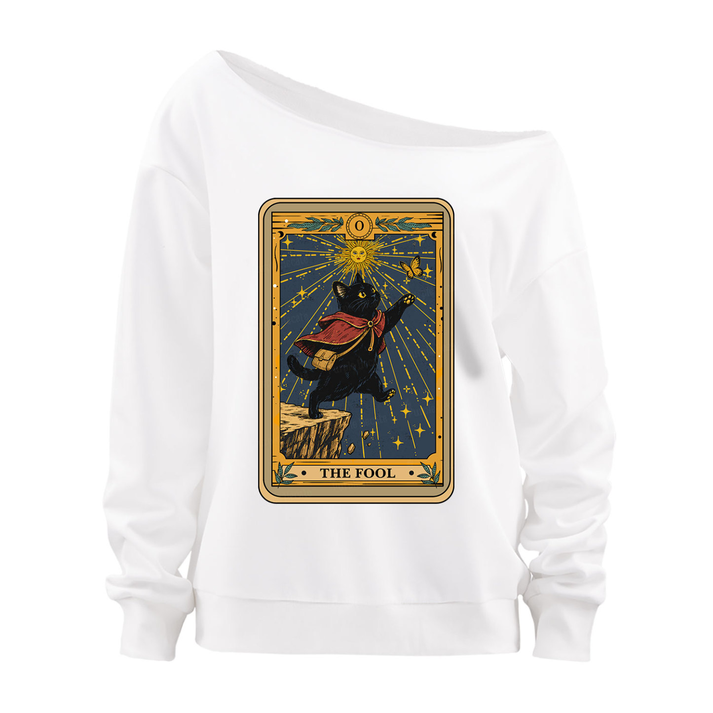 Purplehecate The Black Cat Fool Tarot Off The Shoulder Sweatshirt