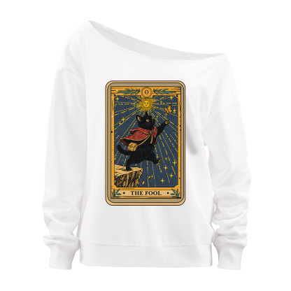 Purplehecate The Black Cat Fool Tarot Off The Shoulder Sweatshirt