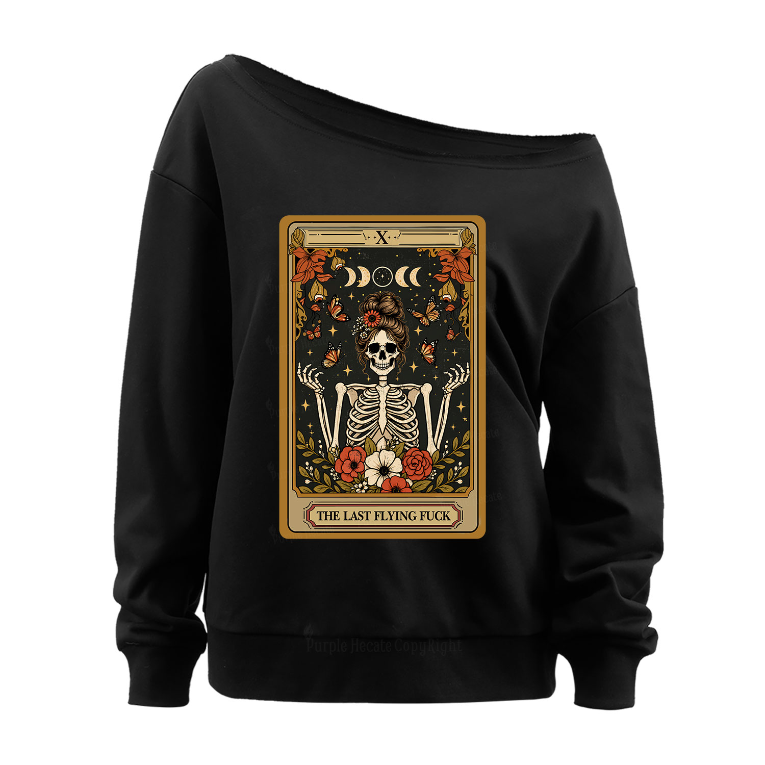 Purplehecate The Last Flying Fuck Tarot Skeleton Off The Shoulder Sweatshirt