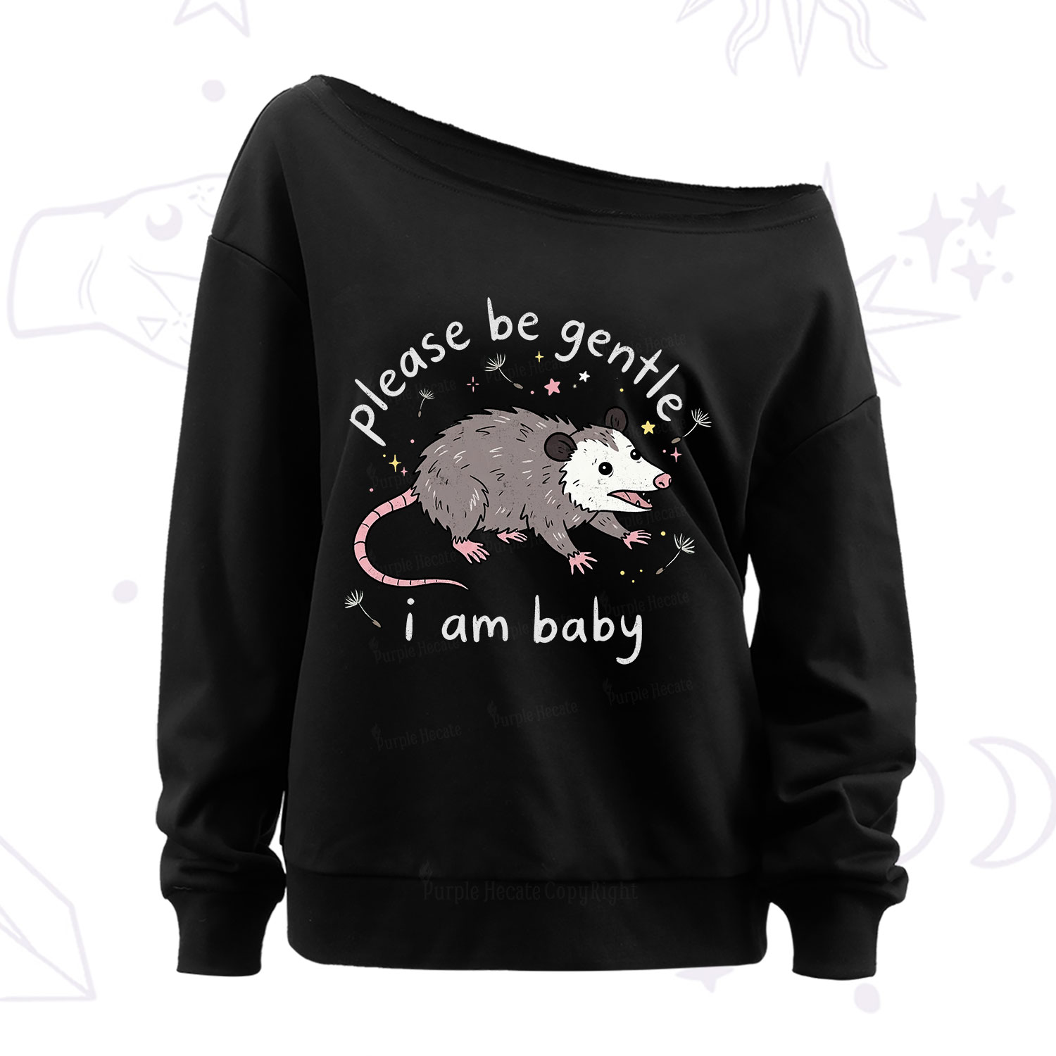 Purplehecate Please Be Gentle Possum Off The Shoulder Sweatshirt