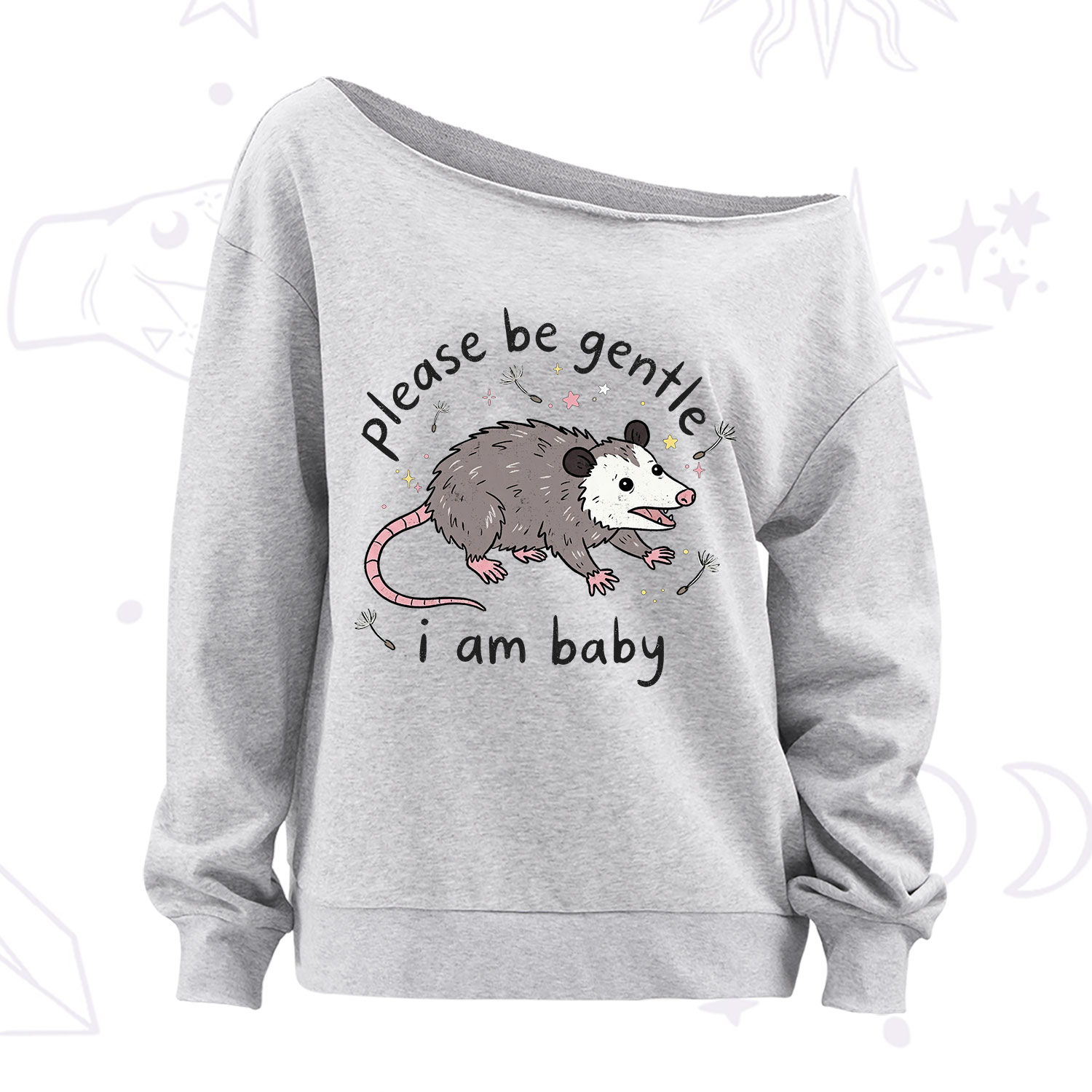 Purplehecate Please Be Gentle Possum Off The Shoulder Sweatshirt