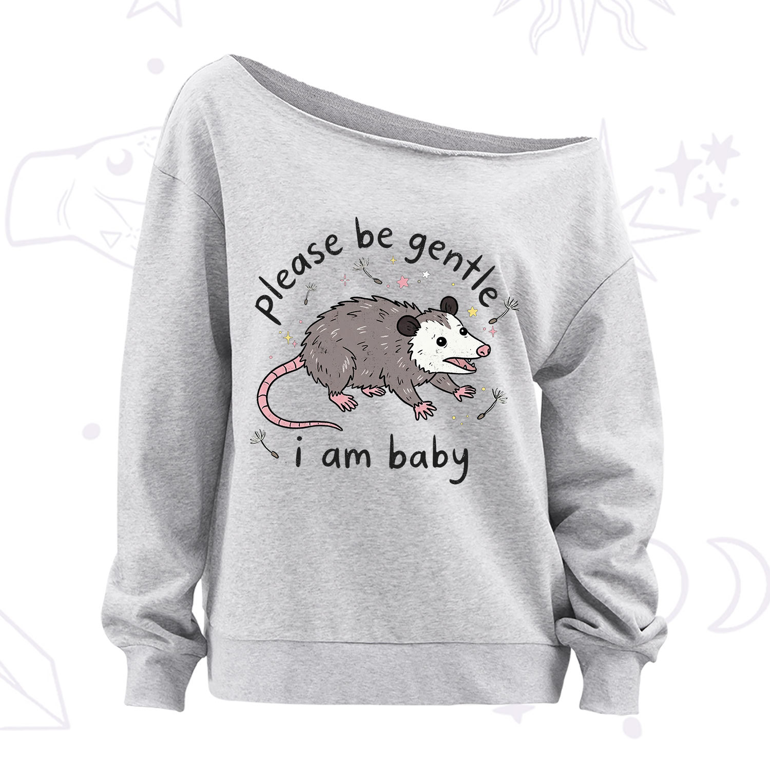 Purplehecate Please Be Gentle Possum Off The Shoulder Sweatshirt
