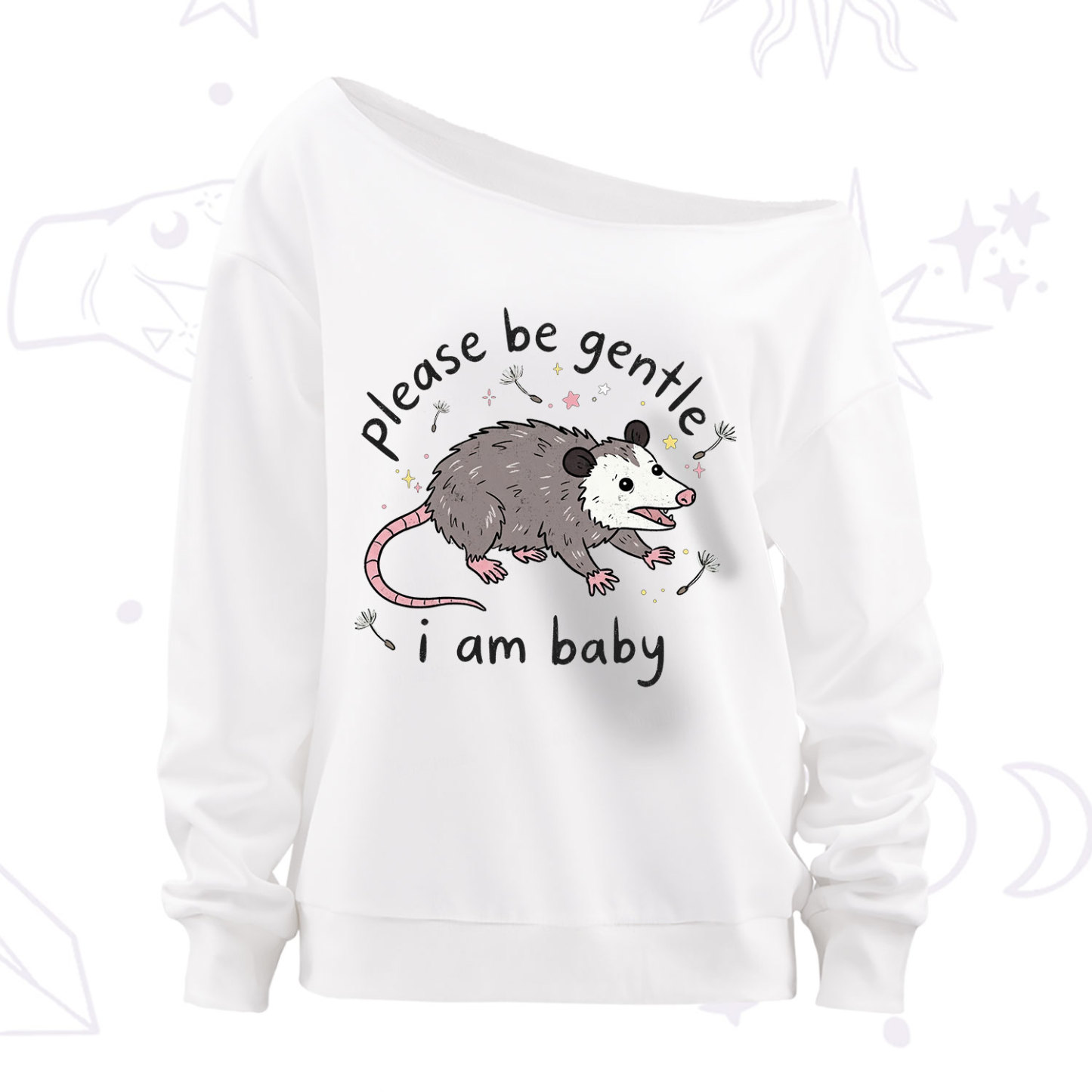Purplehecate Please Be Gentle Possum Off The Shoulder Sweatshirt