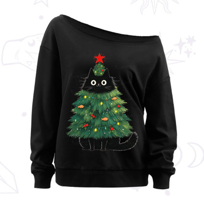 Purplehecate Black Cat Christmas Tree Off The Shoulder Sweatshirt