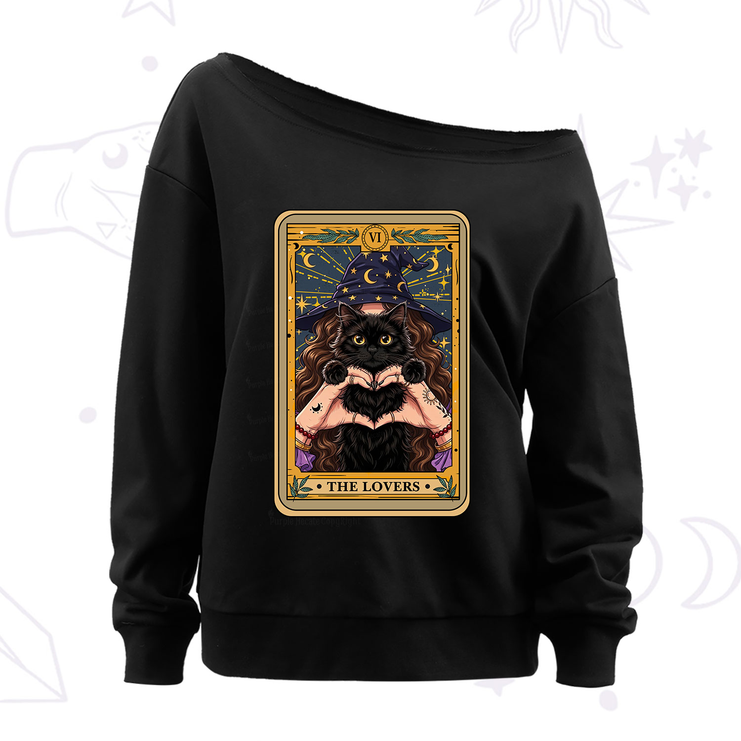 Purplehecate The Lover Tarot Witch Cat Off The Shoulder Sweatshirt