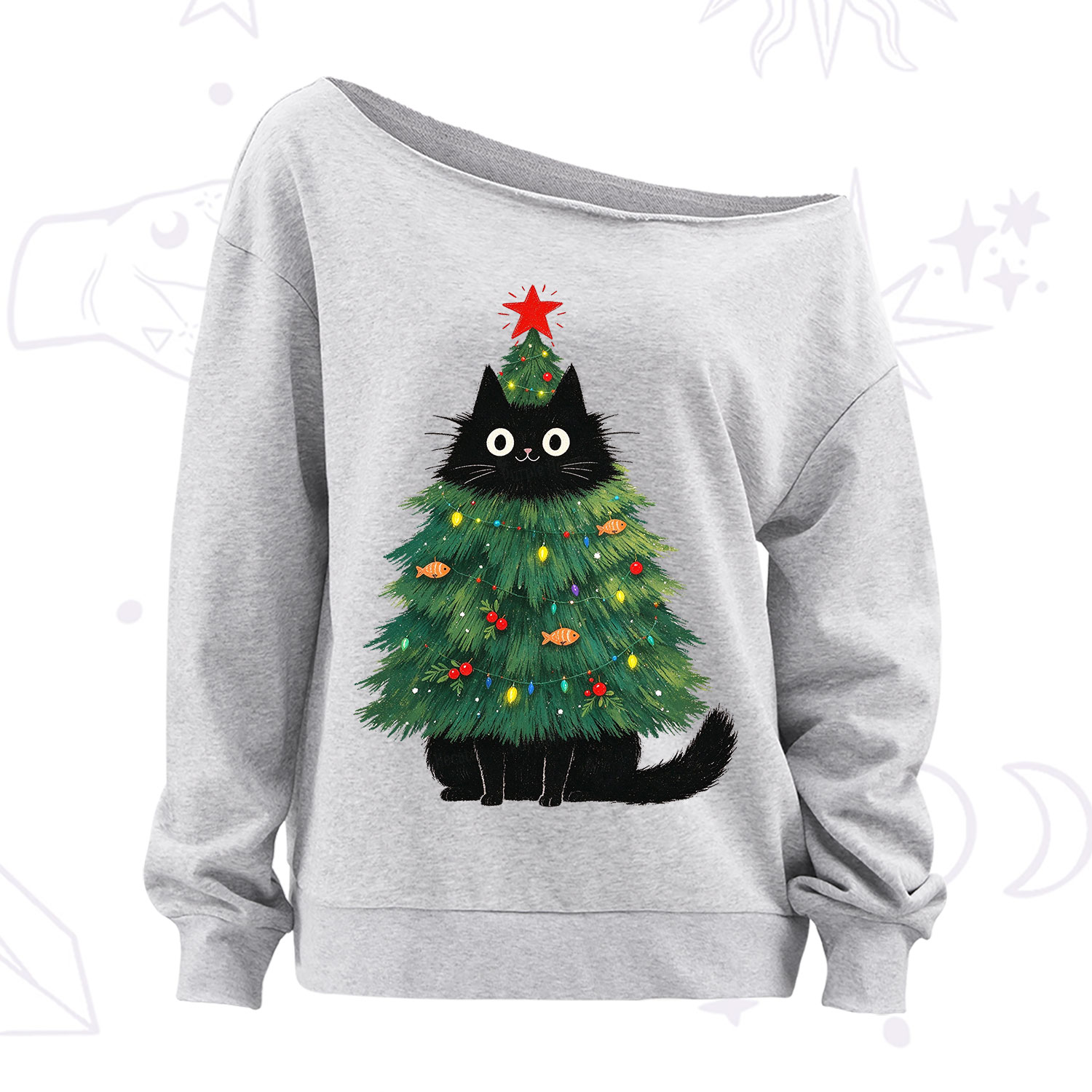 Purplehecate Black Cat Christmas Tree Off The Shoulder Sweatshirt