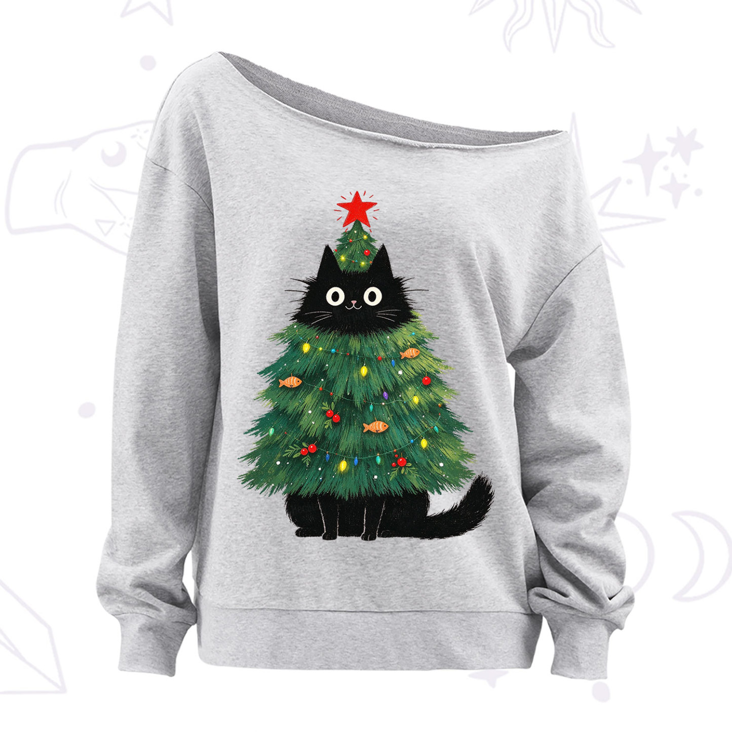 Purplehecate Black Cat Christmas Tree Off The Shoulder Sweatshirt