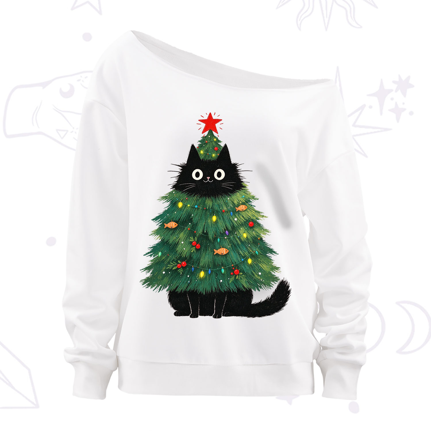 Purplehecate Black Cat Christmas Tree Off The Shoulder Sweatshirt