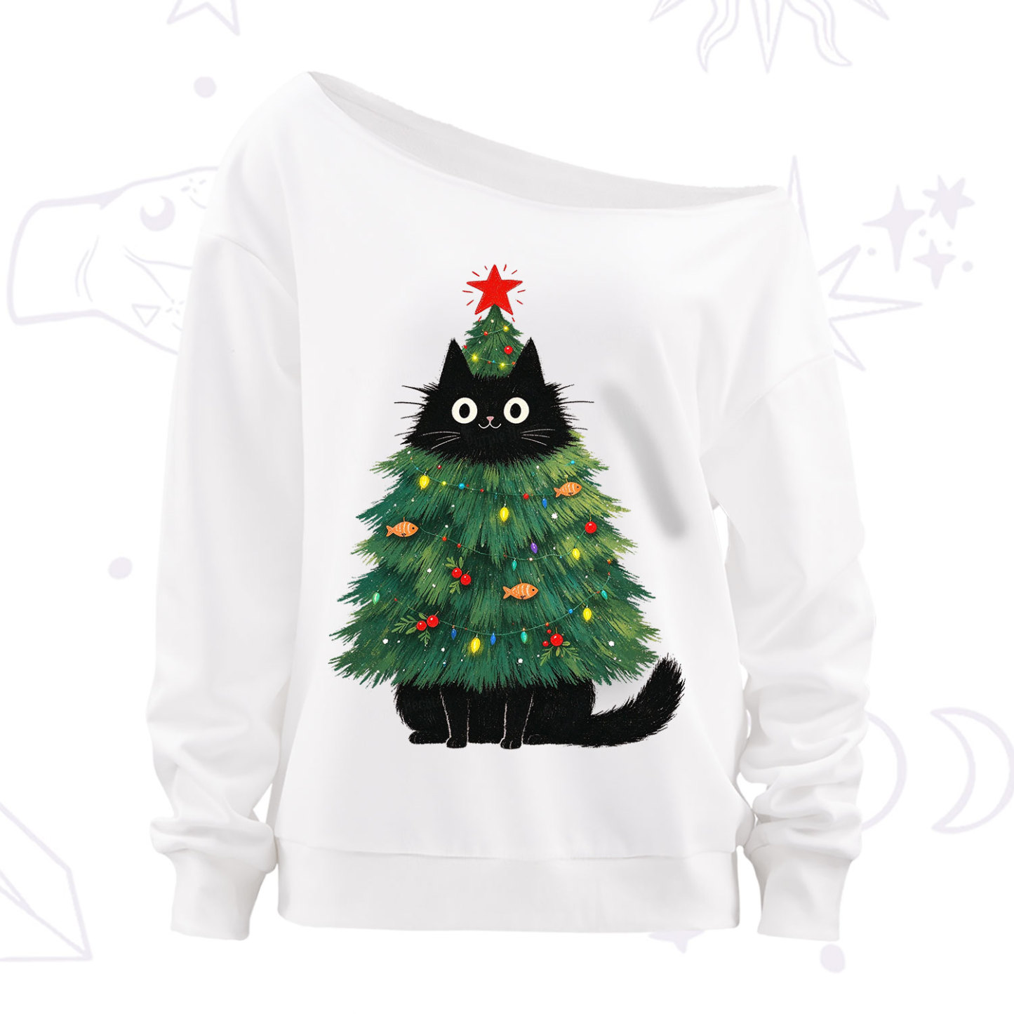 Purplehecate Black Cat Christmas Tree Off The Shoulder Sweatshirt