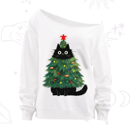 Purplehecate Black Cat Christmas Tree Off The Shoulder Sweatshirt