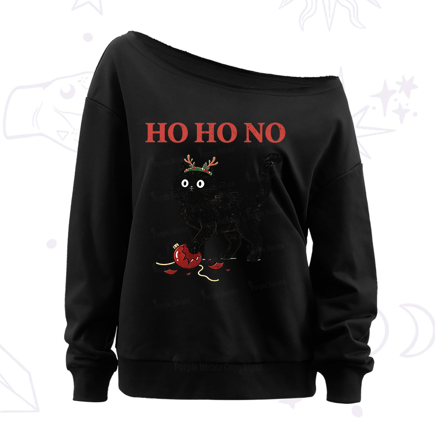 PurplehecateBlack Cat Antlers Christmas Off The Shoulder Sweatshirt