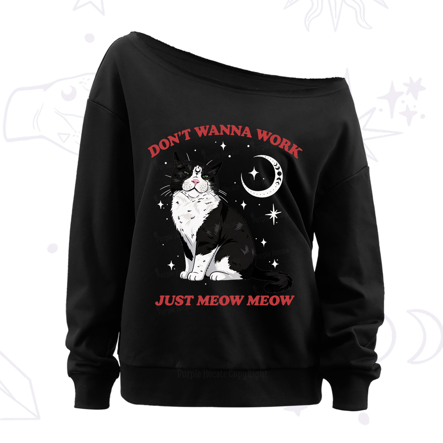 Purplehecate Don't Wanna Work Just Meow Meow Off The Shoulder Sweatshirt