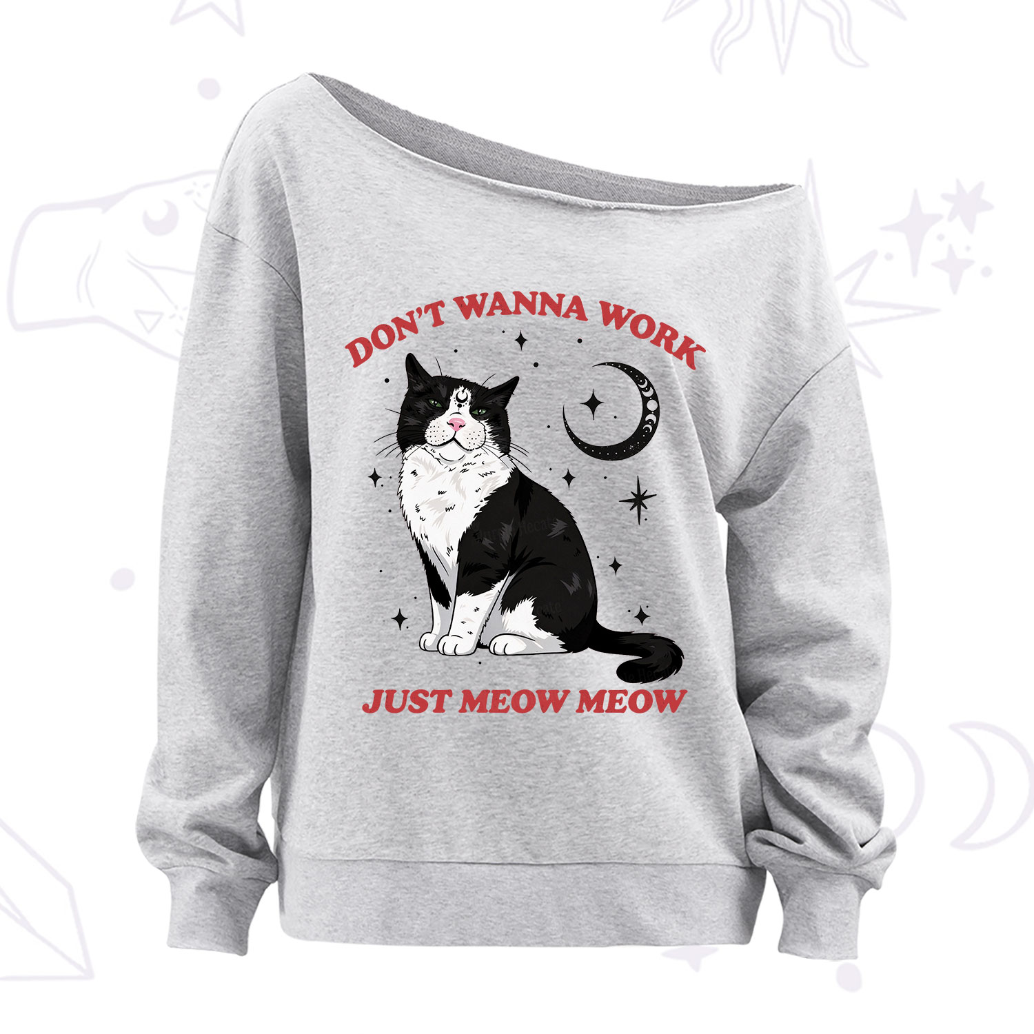 Purplehecate Don't Wanna Work Just Meow Meow Off The Shoulder Sweatshirt