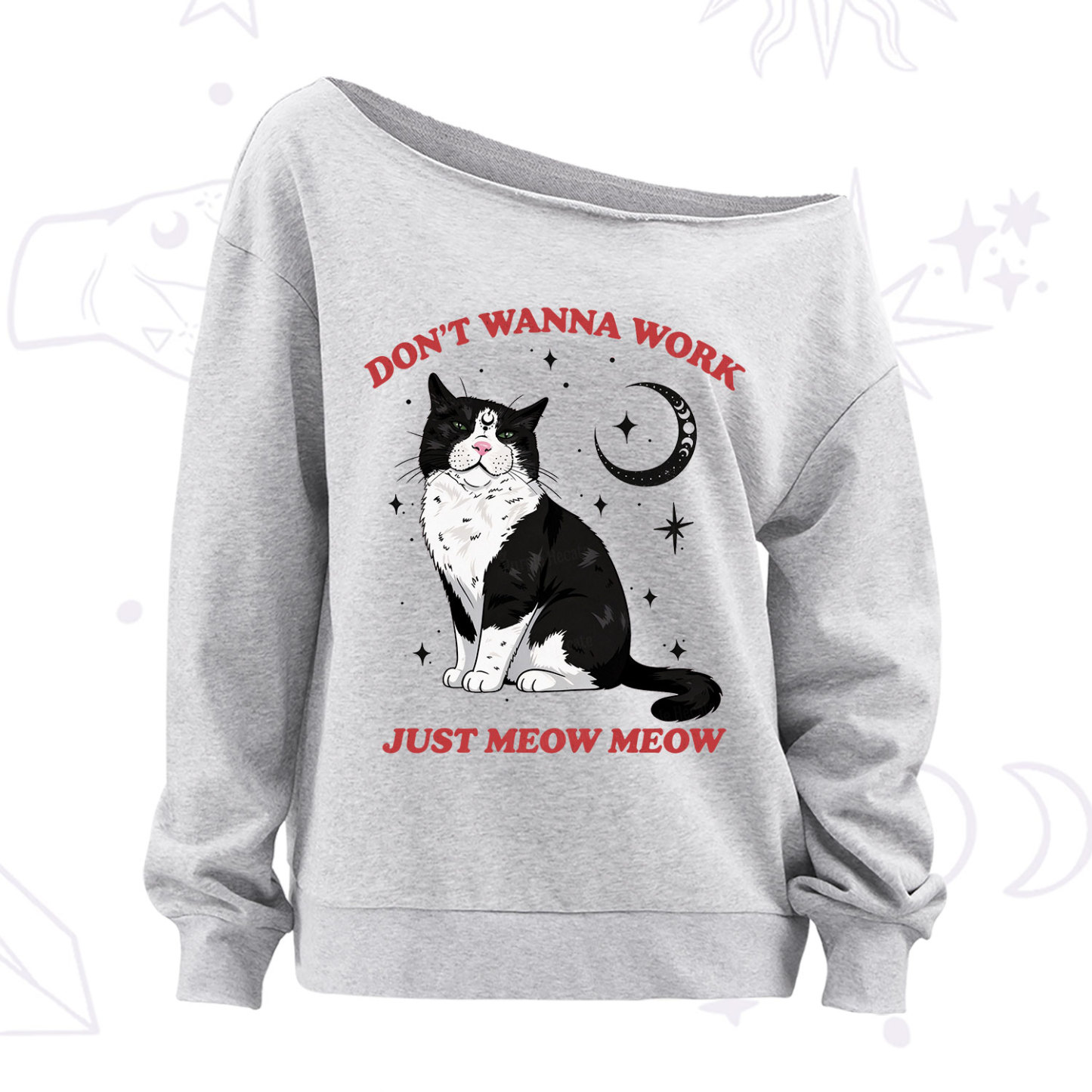 Purplehecate Don't Wanna Work Just Meow Meow Off The Shoulder Sweatshirt