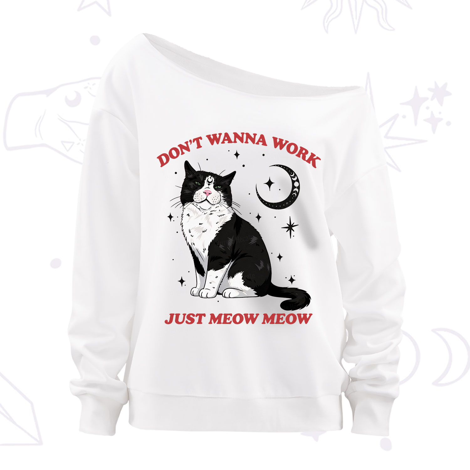 Purplehecate Don't Wanna Work Just Meow Meow Off The Shoulder Sweatshirt