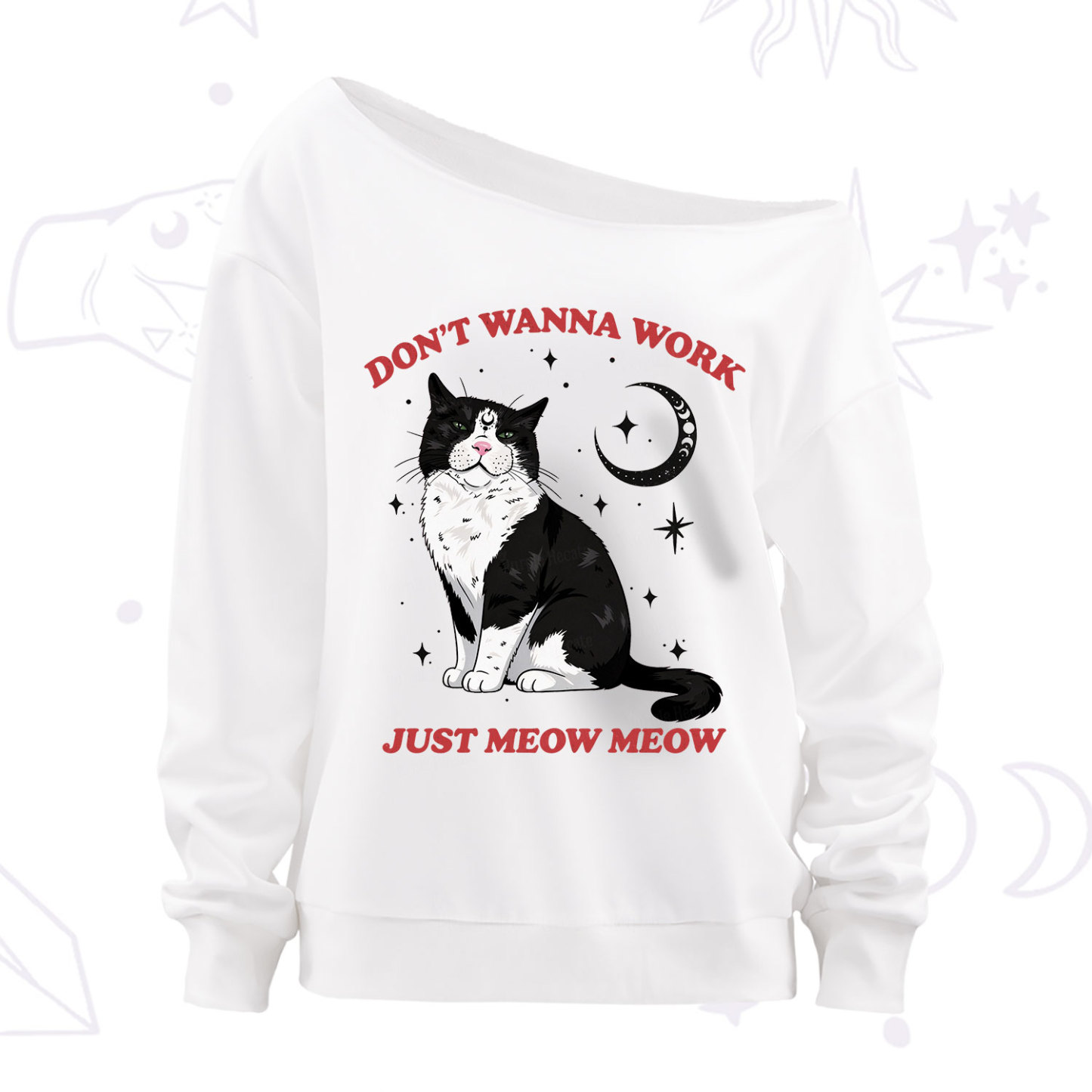 Purplehecate Don't Wanna Work Just Meow Meow Off The Shoulder Sweatshirt