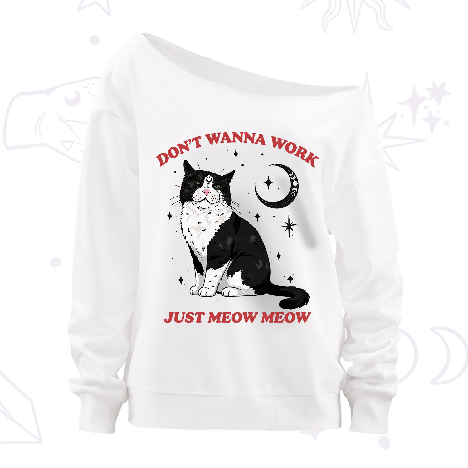 Purplehecate Don't Wanna Work Just Meow Meow Off The Shoulder Sweatshirt