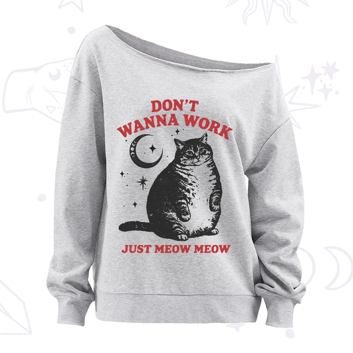 Purplehecate Don't Wanna Work Just Meow Meow Off The Shoulder Sweatshirt