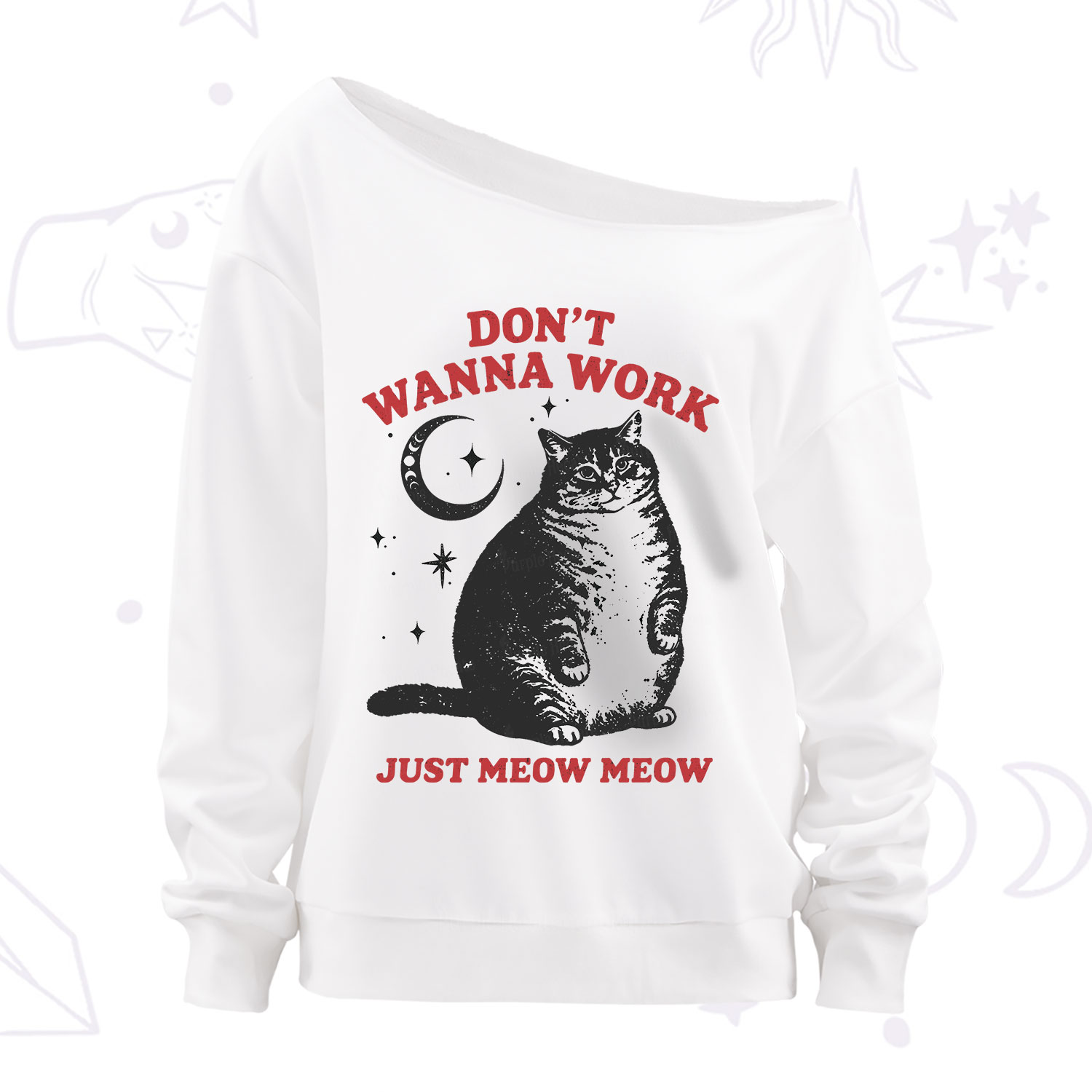 Purplehecate Don't Wanna Work Just Meow Meow Off The Shoulder Sweatshirt