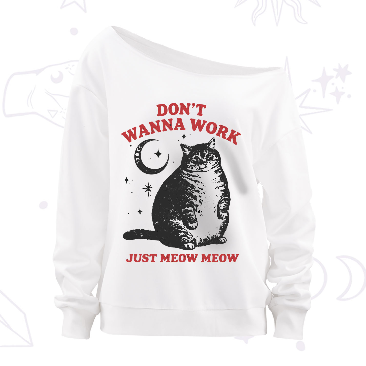 Purplehecate Don't Wanna Work Just Meow Meow Off The Shoulder Sweatshirt