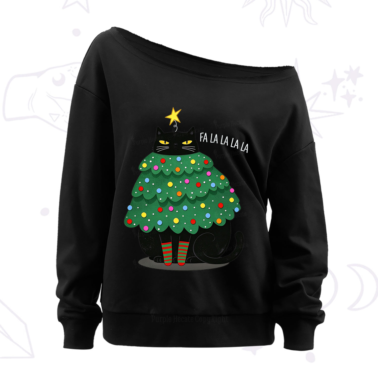 Purplehecate Chonky Black Cat Christmas Tree Off The Shoulder Sweatshirt
