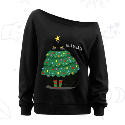 Purplehecate Chonky Black Cat Christmas Tree Off The Shoulder Sweatshirt
