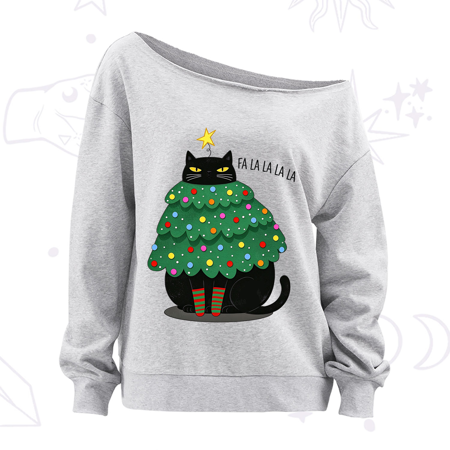 Purplehecate Chonky Black Cat Christmas Tree Off The Shoulder Sweatshirt
