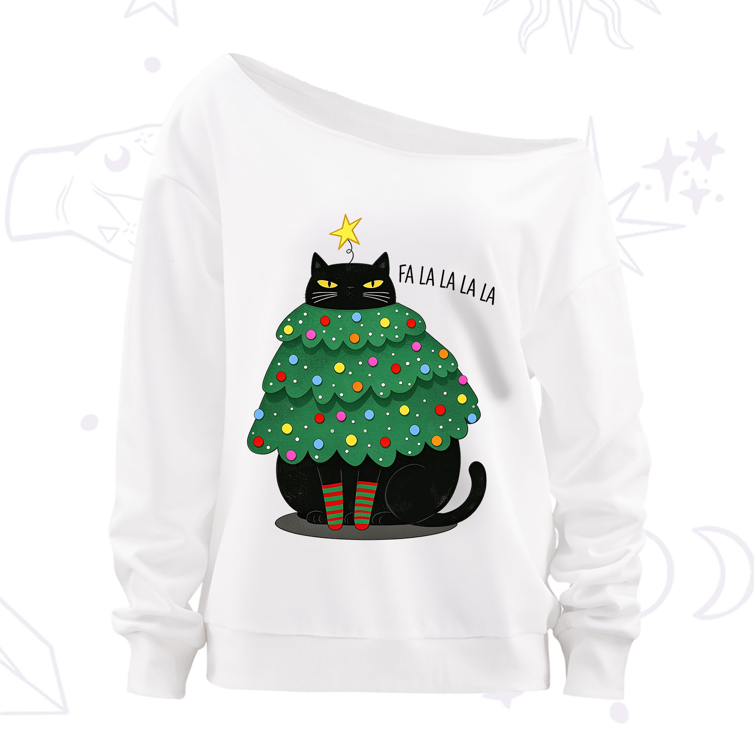 Purplehecate Chonky Black Cat Christmas Tree Off The Shoulder Sweatshirt