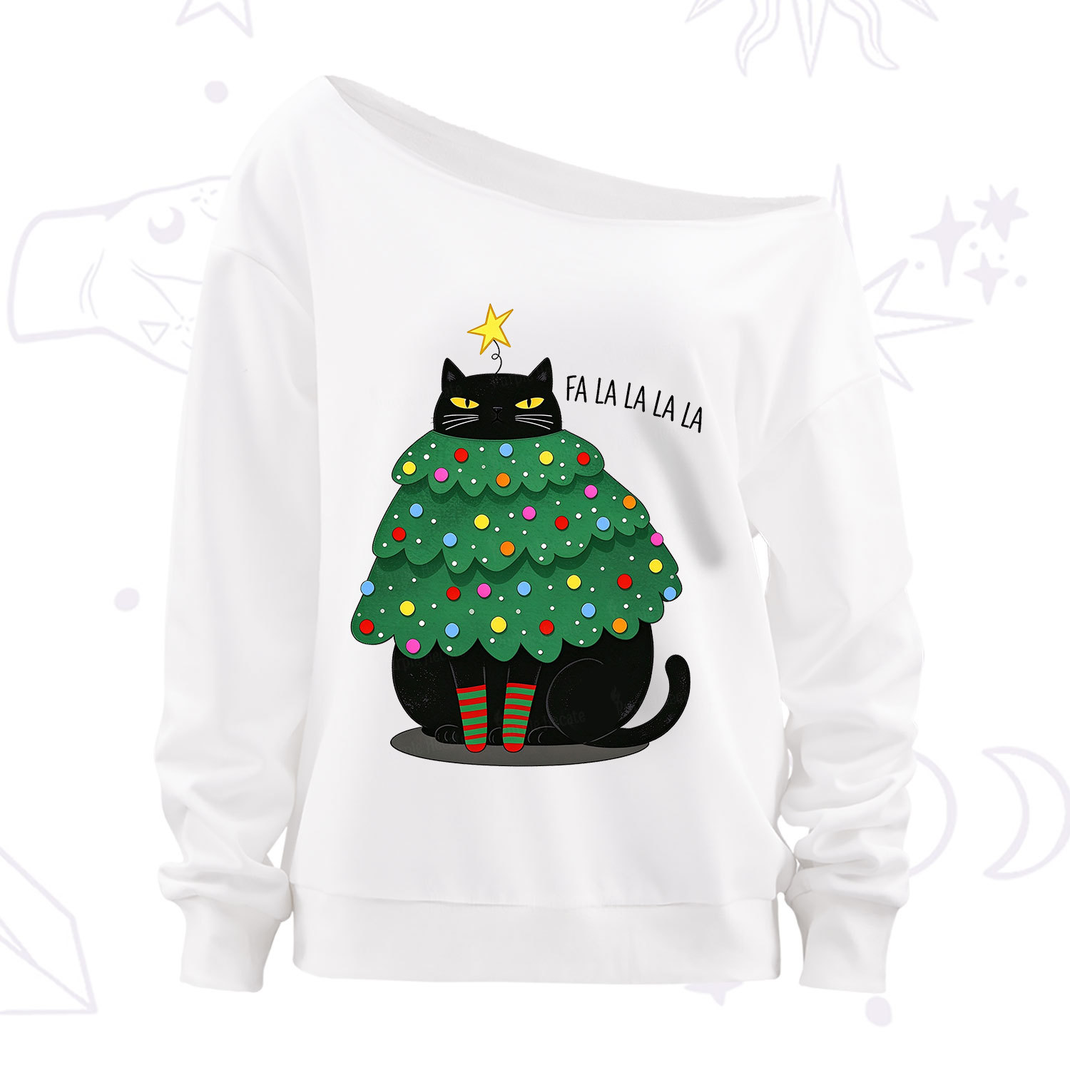 Purplehecate Chonky Black Cat Christmas Tree Off The Shoulder Sweatshirt