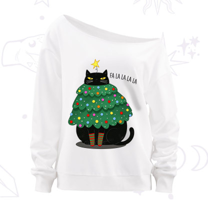 Purplehecate Chonky Black Cat Christmas Tree Off The Shoulder Sweatshirt