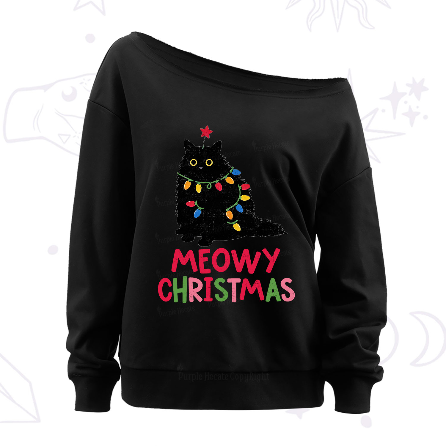 Purplehecate Meowy Christmas Black Cat Off The Shoulder Sweatshirt
