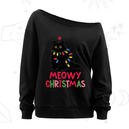Purplehecate Meowy Christmas Black Cat Off The Shoulder Sweatshirt