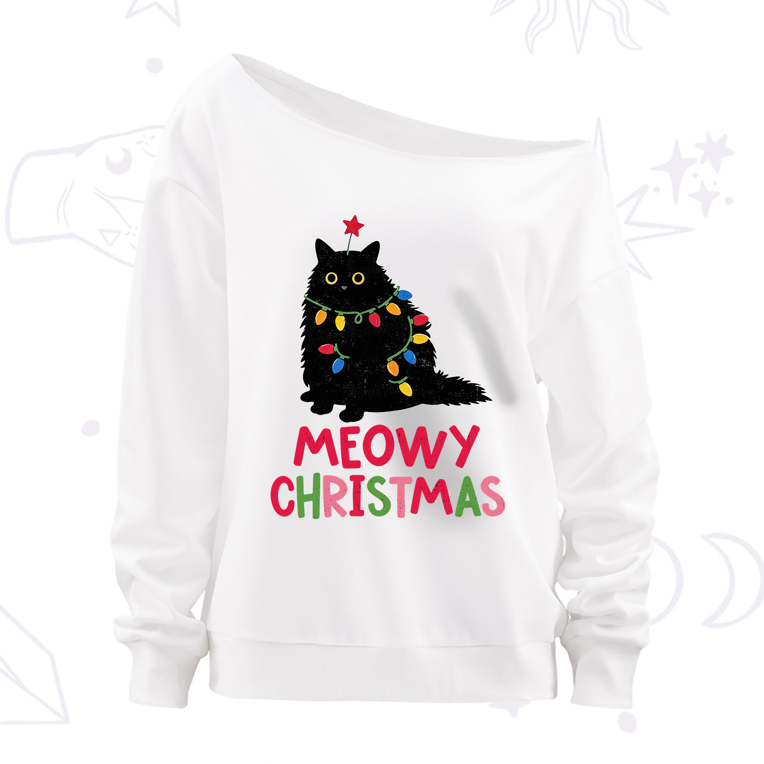 Purplehecate Meowy Christmas Black Cat Off The Shoulder Sweatshirt