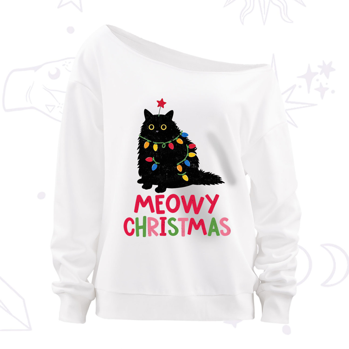 Purplehecate Meowy Christmas Black Cat Off The Shoulder Sweatshirt