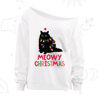 Purplehecate Meowy Christmas Black Cat Off The Shoulder Sweatshirt