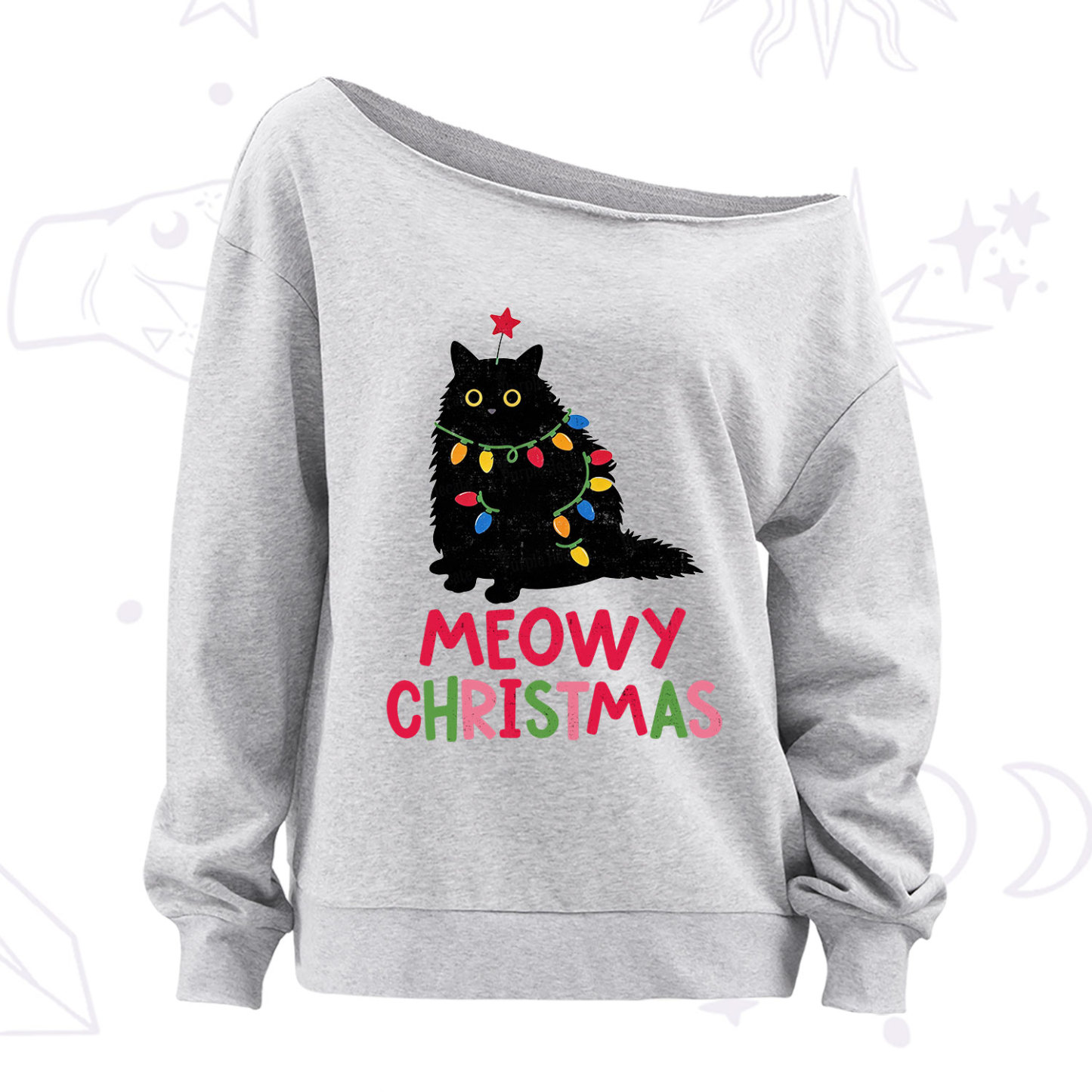 Purplehecate Meowy Christmas Black Cat Off The Shoulder Sweatshirt