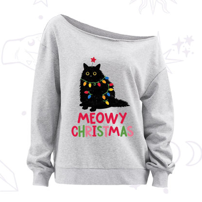 Purplehecate Meowy Christmas Black Cat Off The Shoulder Sweatshirt