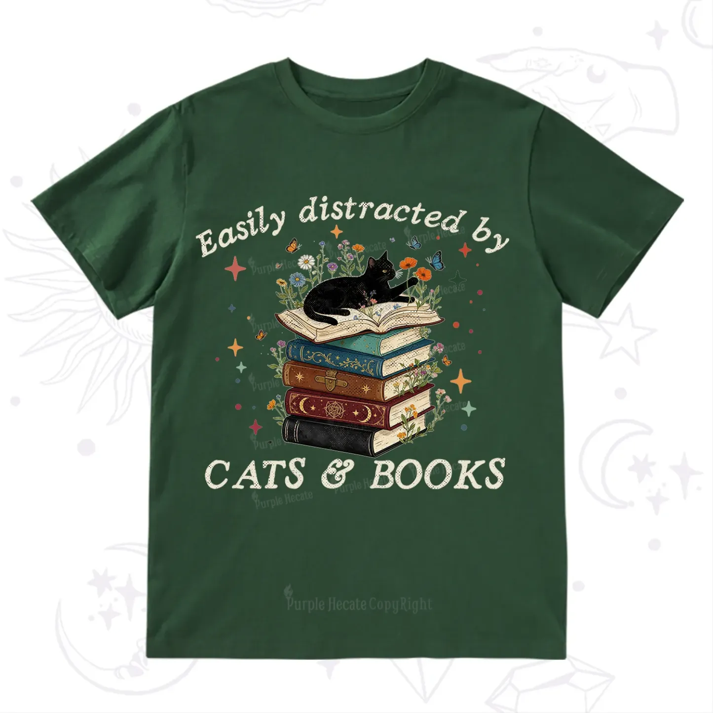 Purplehecate Easily Distracted By Cats And Books T-Shirt